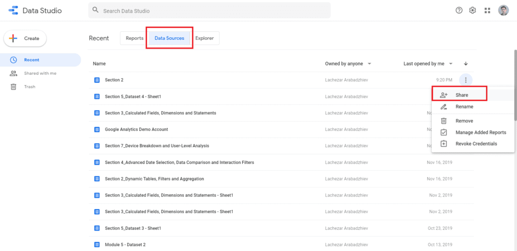 data source share with google data studio