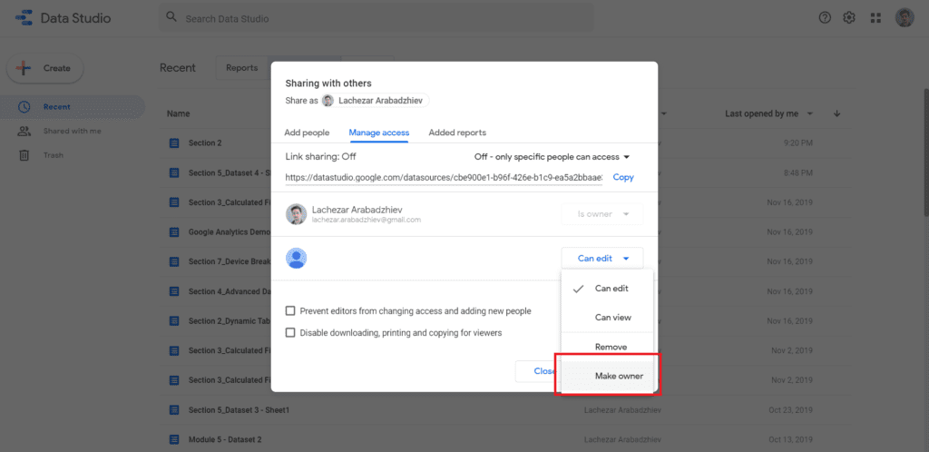 transfer ownership completely with google data studio