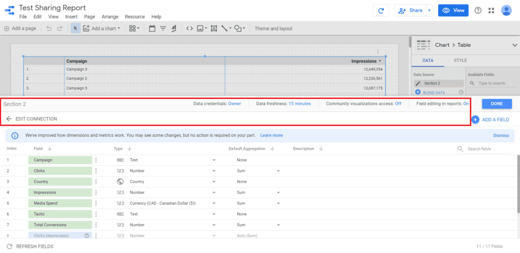 data credentials menu in google data studio