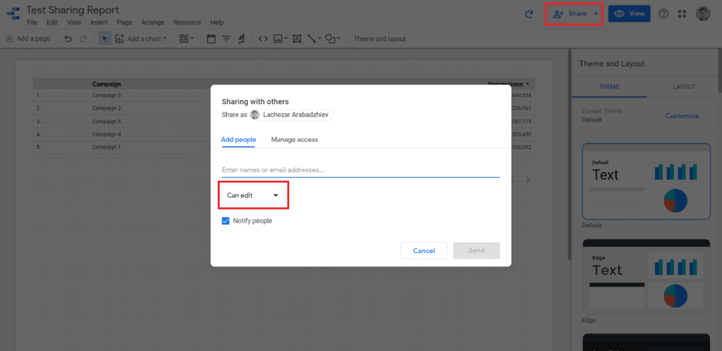 data studio report level edit access 