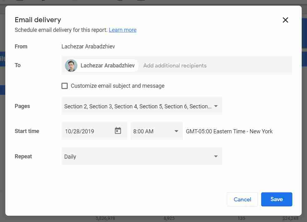 Create custom e-mail schedule for your reports in Google Data Studio