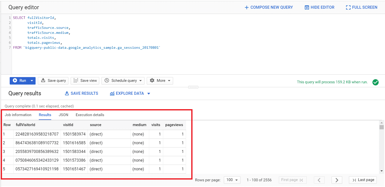 query results in google bigquery