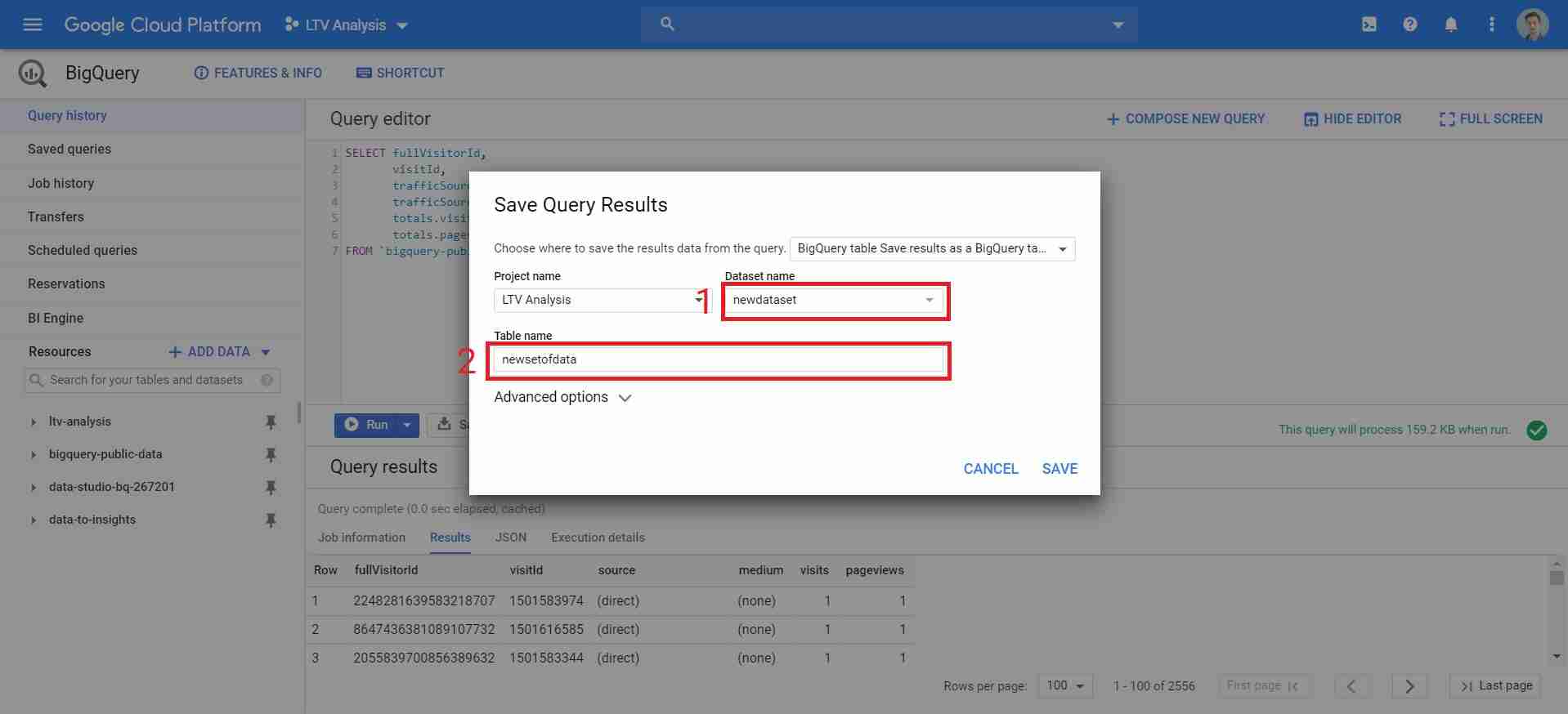 save query results popup screen in bigquery