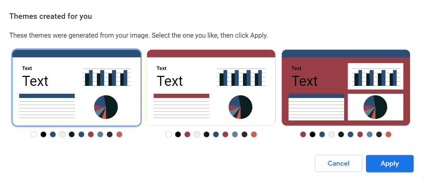 themes created for you pop-up window in data studio