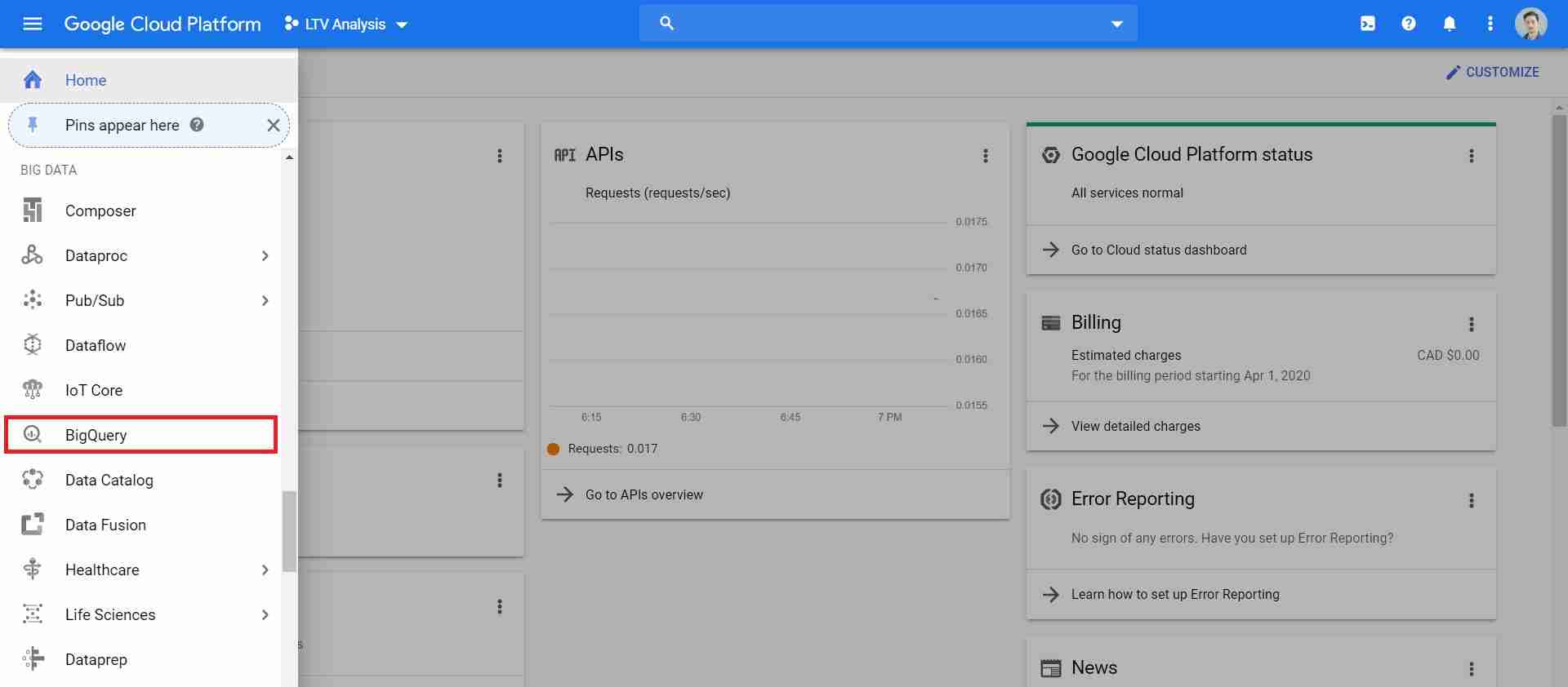 google cloud platform navigation menu with bigquery selected