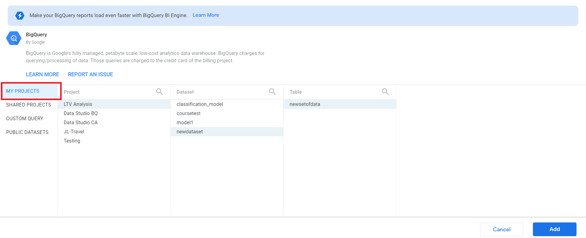 bigquery data studio connector my projects menu