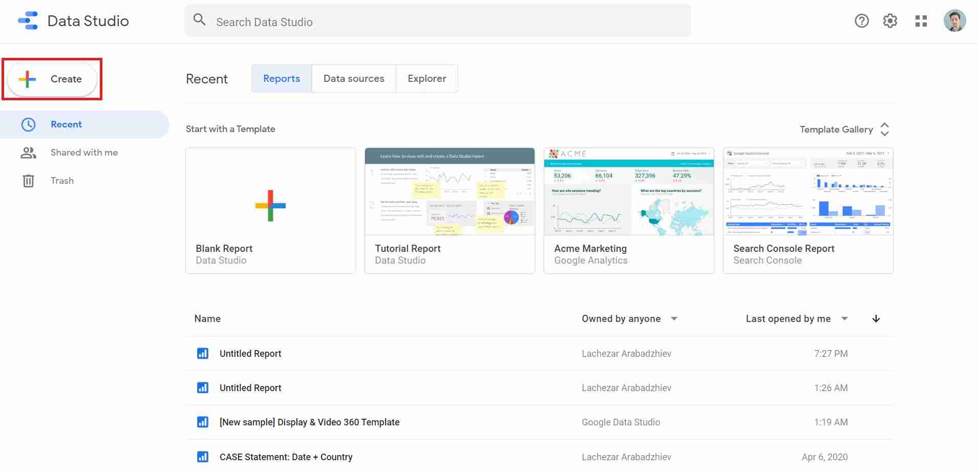 google data studio homepage interface