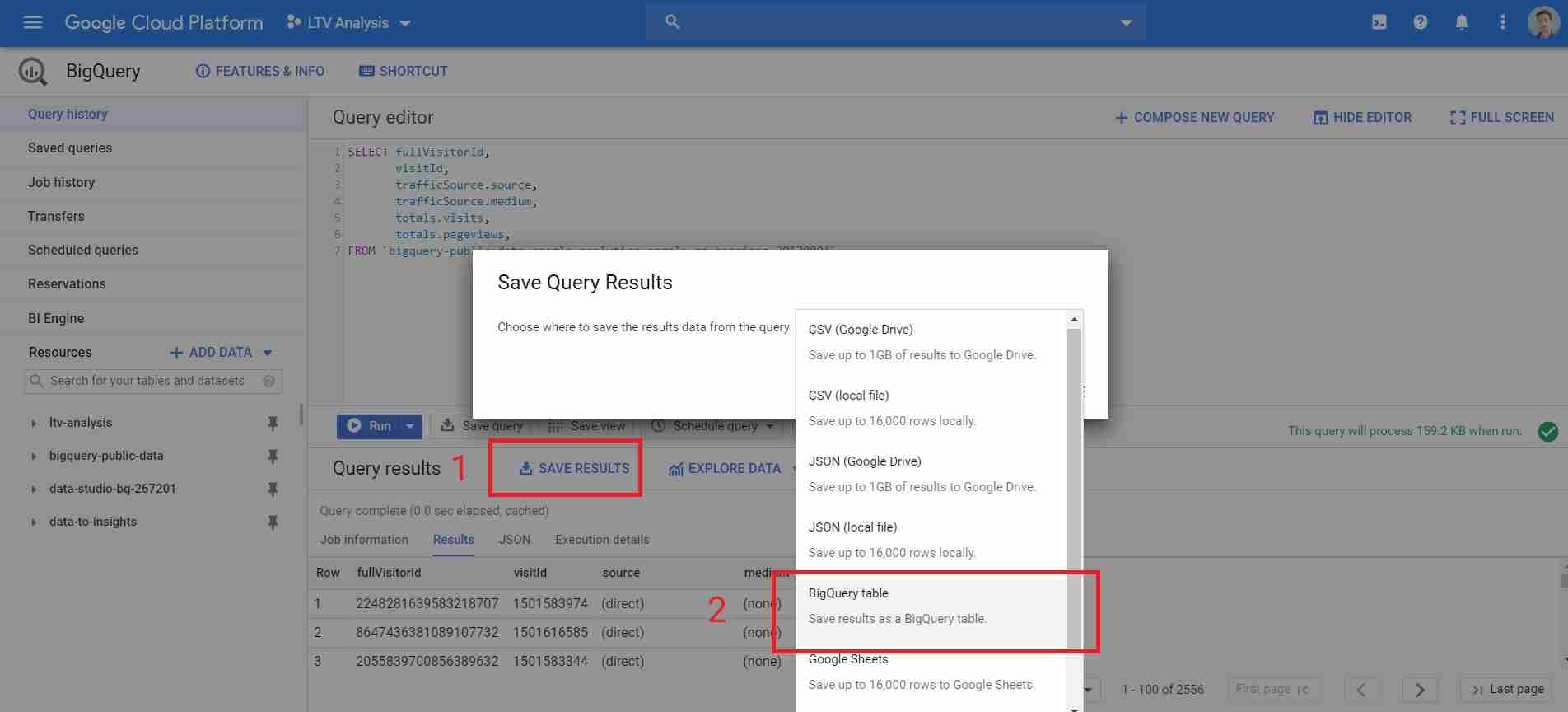 saving a query output into a bigquery table