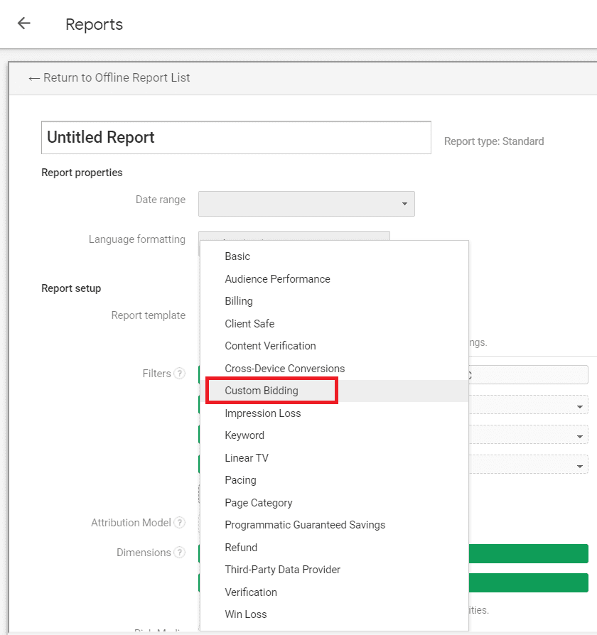 custom bidding highlighted in a red box in the reporting interface in dv360