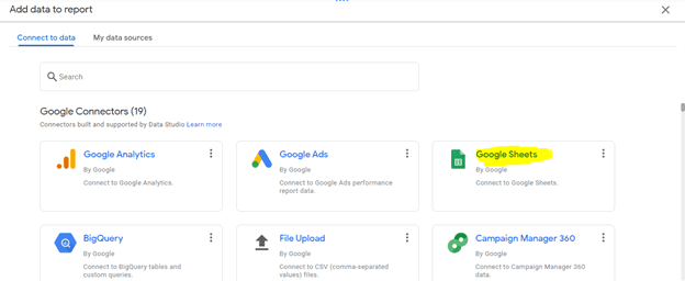 google sheets highlighted in the connectors menu